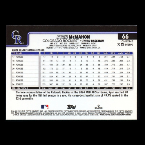 Ryan McMahon 2025 Topps Chrome Rockies