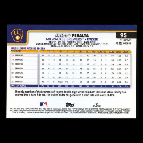 Freddy Peralta 2025 Topps Chrome Brewers