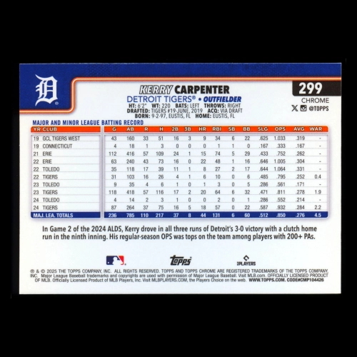 Kerry Carpenter 2025 Topps Chrome Tigers
