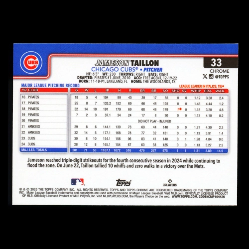 Jameson Taillon 2025 Topps Chrome Cubs