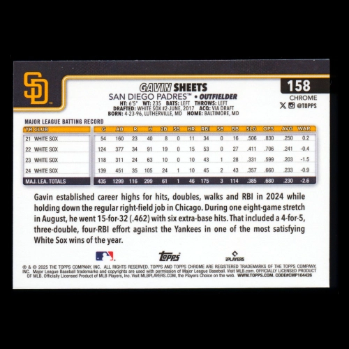Gavin Sheets 2025 Topps Chrome Padres