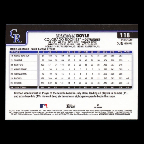 Brenton Doyle 2025 Topps Chrome Rockies