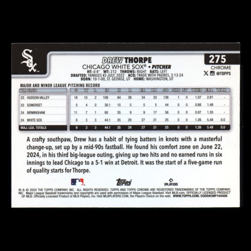 Drew Thorpe RC 2025 Topps Chrome Rookie White Sox