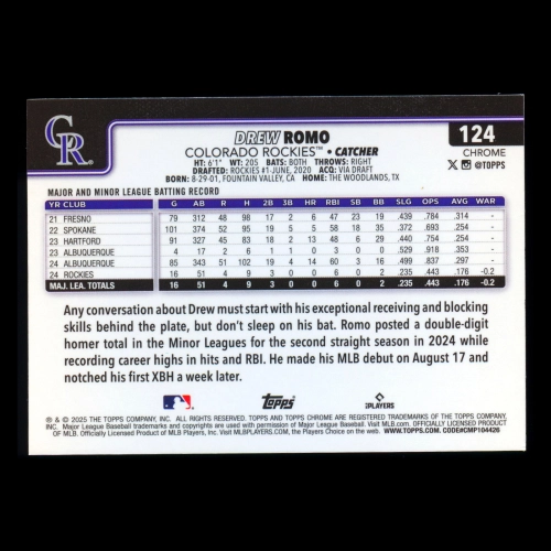 Drew Romo RC 2025 Topps Chrome Rookie Rockies