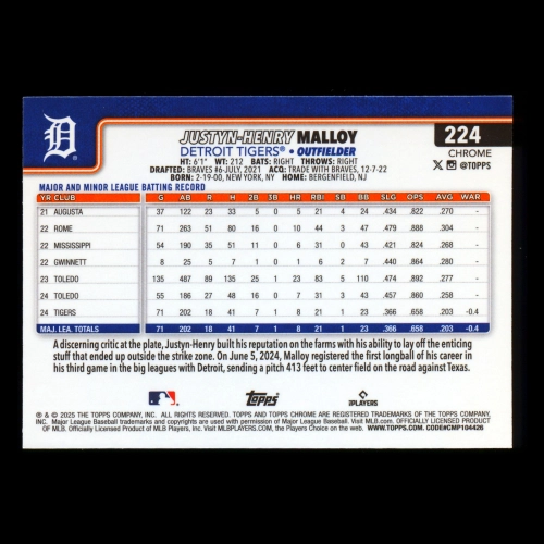 Justyn-Henry Malloy RC 2025 Topps Chrome Rookie Tigers