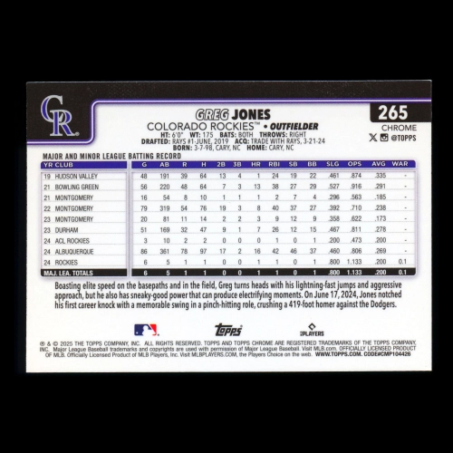 Greg Jones RC 2025 Topps Chrome Rookie Rockies