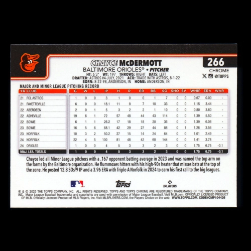 Chayce McDermott RC 2025 Topps Chrome Rookie Orioles