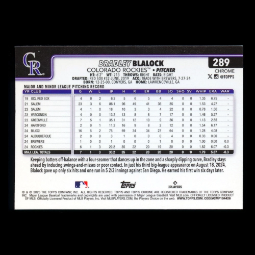 Bradley Blalock RC 2025 Topps Chrome Rookie Rockies