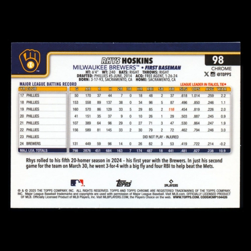 Rhys Hoskins 2025 Topps Chrome Logofractor Brewers