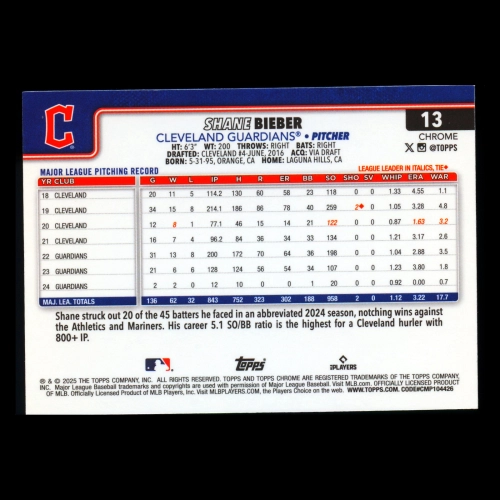 Shane Bieber 2025 Topps Chrome Logofractor Guardians