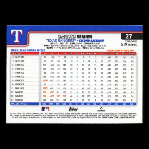 Marcus Semien 2025 Topps Chrome Logofractor Rangers