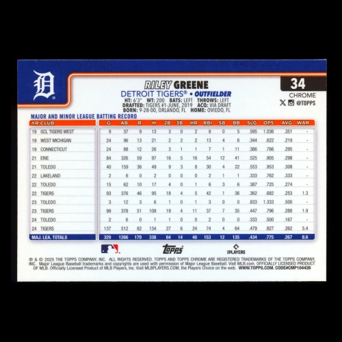 Riley Greene 2025 Topps Chrome Logofractor Tigers