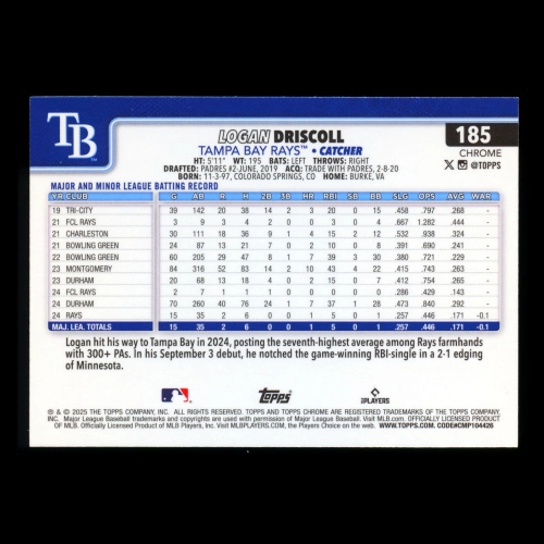 Logan Driscoll RC 2025 Topps Chrome Logofractor Rookie Rays
