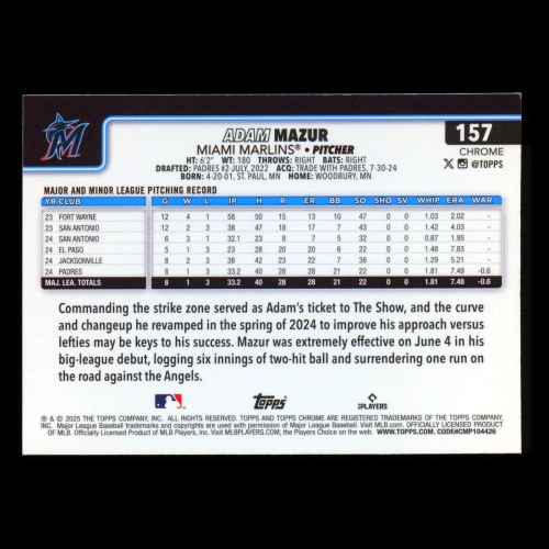 Adam Mazur RC 2025 Topps Chrome Logofractor Rookie Marlins
