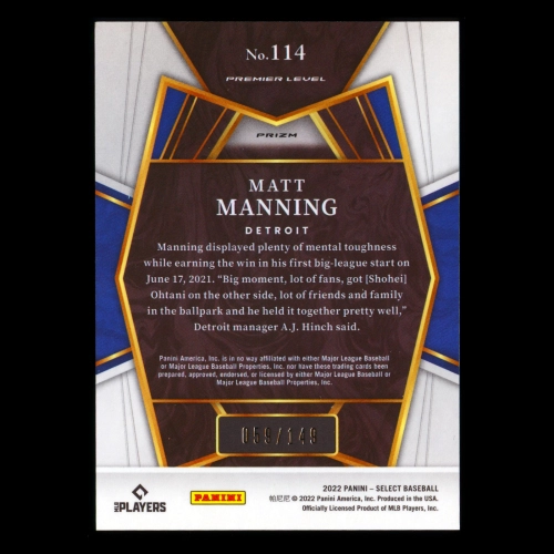 Matt Manning RC 2022 Select Light Blue PRM Rookie Tigers 059/149