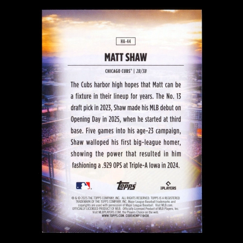 Matt Shaw RC 2025 Topps Home Field Advantage Rookie Cubs
