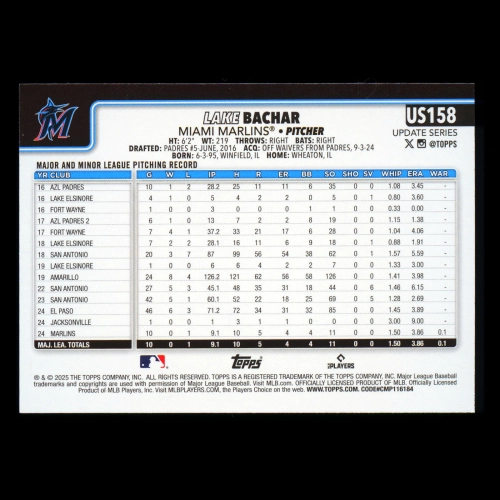 Lake Bachar RC 2025 Topps Update Rainbow Foil Rookie Marlins