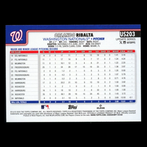 Orlando Ribalta RC 2025 Topps Update Rainbow Foil Rookie Nationals