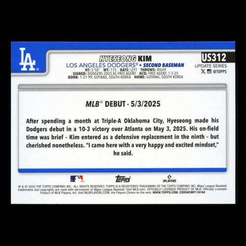 Hyeseong Kim RC 2025 Topps Update Rainbow Foil Rookie Dodgers
