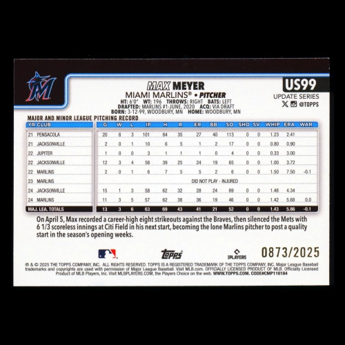 Max Meyer 2025 Topps Update Gold Marlins 0873/2025