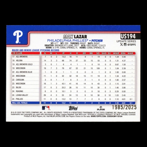 Max Lazar RC 2025 Topps Update Gold Rookie Phillies