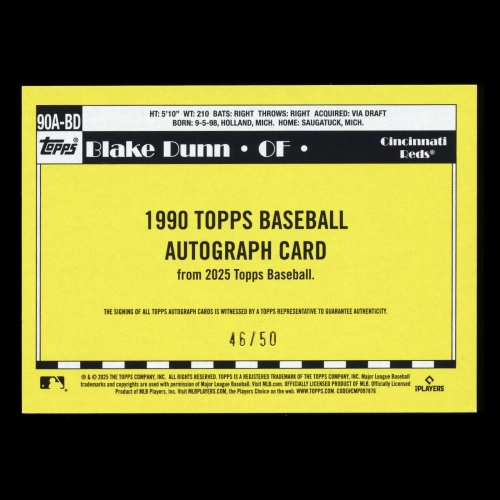 Blake Dunn Rookie 2025 Topps Update '90 Topps Autographs Rookie Reds 46/50