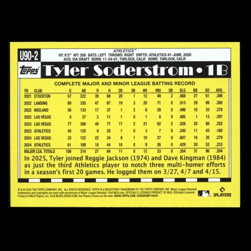 Tyler Soderstrom 2025 Topps Update '90 Topps Athletics