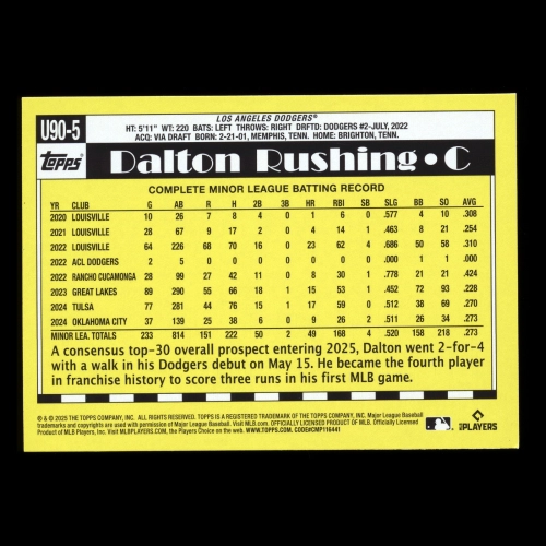 Dalton Rushing RC 2025 Topps Update '90 Topps Rookie Dodgers