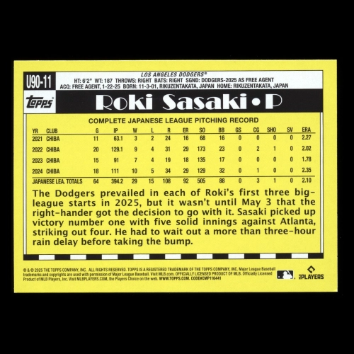 Roki Sasaki RC 2025 Topps Update '90 Topps Rookie Dodgers