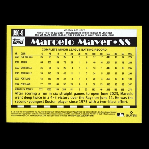 Marcelo Mayer RC 2025 Topps Update '90 Topps Rookie Red Sox