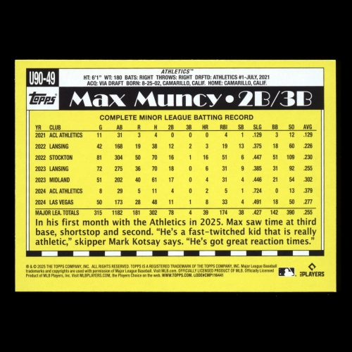 Max Muncy RC 2025 Topps Update '90 Topps Rookie Athletics