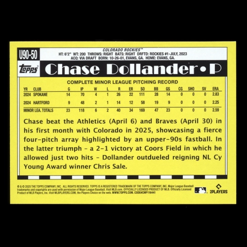 Chase Dollander RC 2025 Topps Update '90 Topps Rookie Rockies