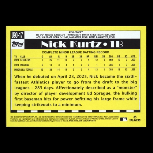Nick Kurtz RC 2025 Topps Update '90 Topps Rookie Athletics