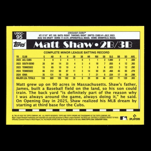 Matt Shaw RC 2025 Topps Update '90 Topps Silver Pack Chrome Rookie Cubs
