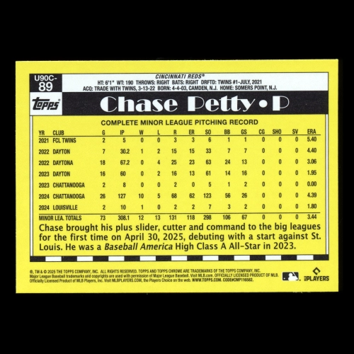 Chase Petty RC 2025 Topps Update '90 Topps Silver Pack Chrome Rookie Reds
