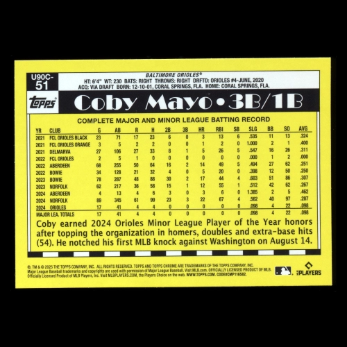 Coby Mayo RC 2025 Topps Update '90 Topps Silver Pack Chrome Rookie Orioles