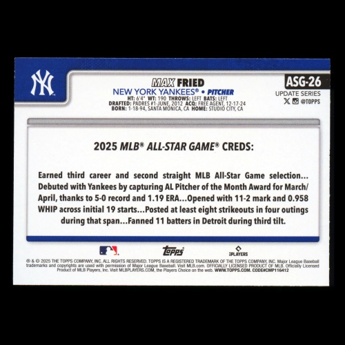 Max Fried 2025 Topps Update All-Star Game Yankees