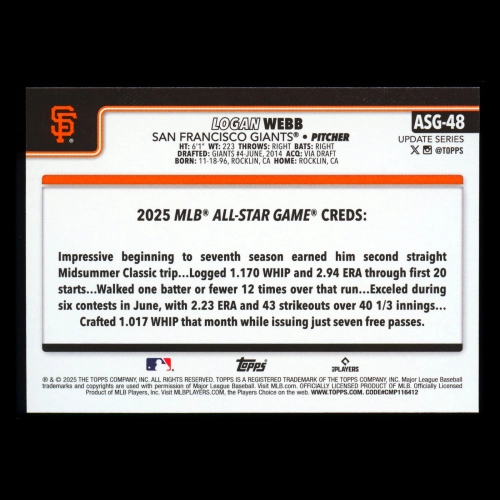 Logan Webb 2025 Topps Update All-Star Game Giants