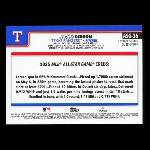 Jacob deGrom 2025 Topps Update All-Star Game Rangers