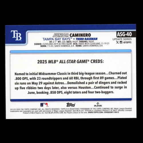 Junior Caminero 2025 Topps Update All-Star Game Rays