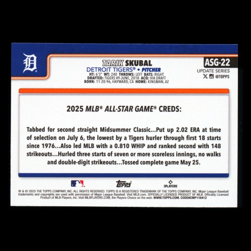 Tarik Skubal 2025 Topps Update All-Star Game Tigers