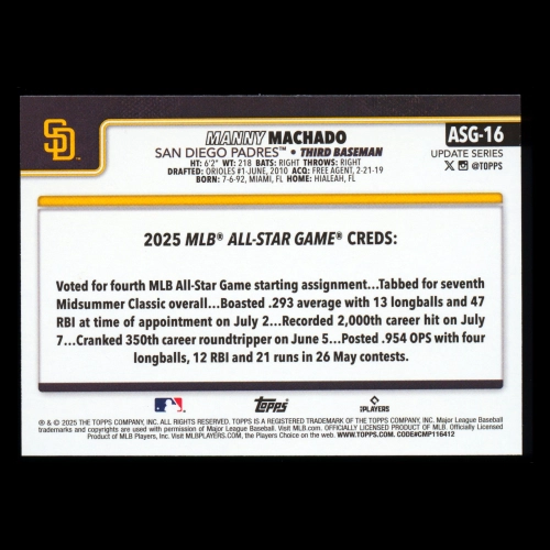 Manny Machado 2025 Topps Update All-Star Game Padres
