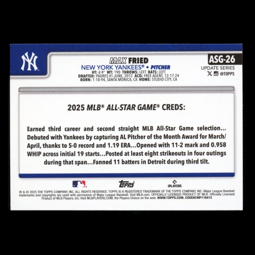 Max Fried 2025 Topps Update All-Star Game Yankees