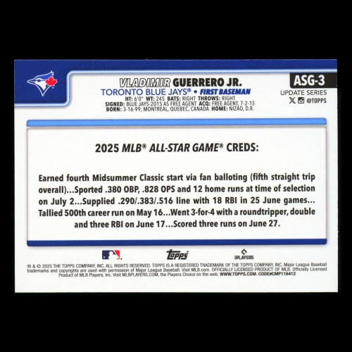 Vladimir Guerrero Jr. 2025 Topps Update All-Star Game Blue Jays