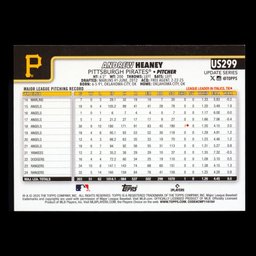 Andrew Heaney 2025 Topps Update Rainbow Foil Pirates