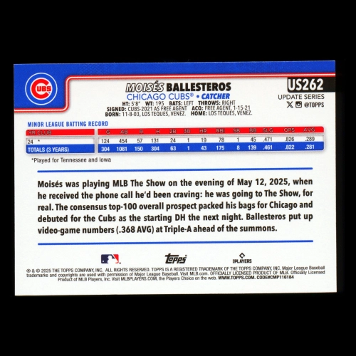 Moiss Ballesteros RC 2025 Topps Update Rookie Cubs