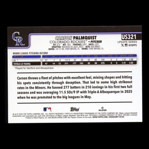 Carson Palmquist RC 2025 Topps Update Rookie Rockies