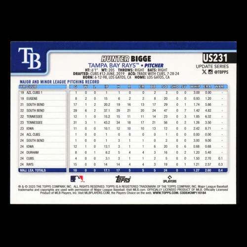 Hunter Bigge RC 2025 Topps Update Rookie Rays
