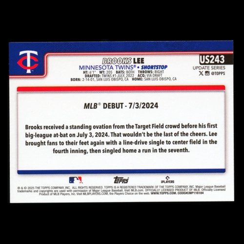Brooks Lee 2025 Topps Update Rookie Debut Twins