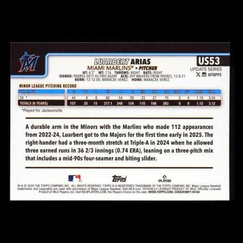 Luarbert Arias RC 2025 Topps Update Rookie Marlins
